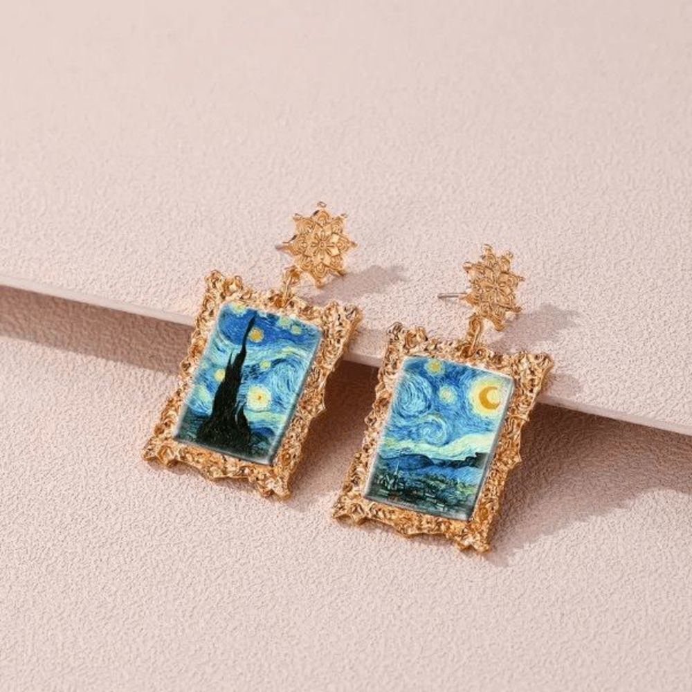 Gold Vincent van Gogh "Starry Night 1889" Portrait Dangle Earrings